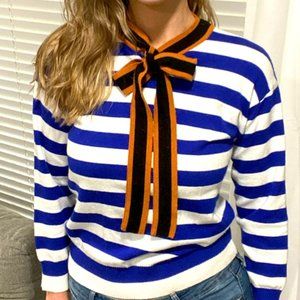 ANTHRO MOTH Blue White Stripe Brown Black Bow Sweater SMALL
